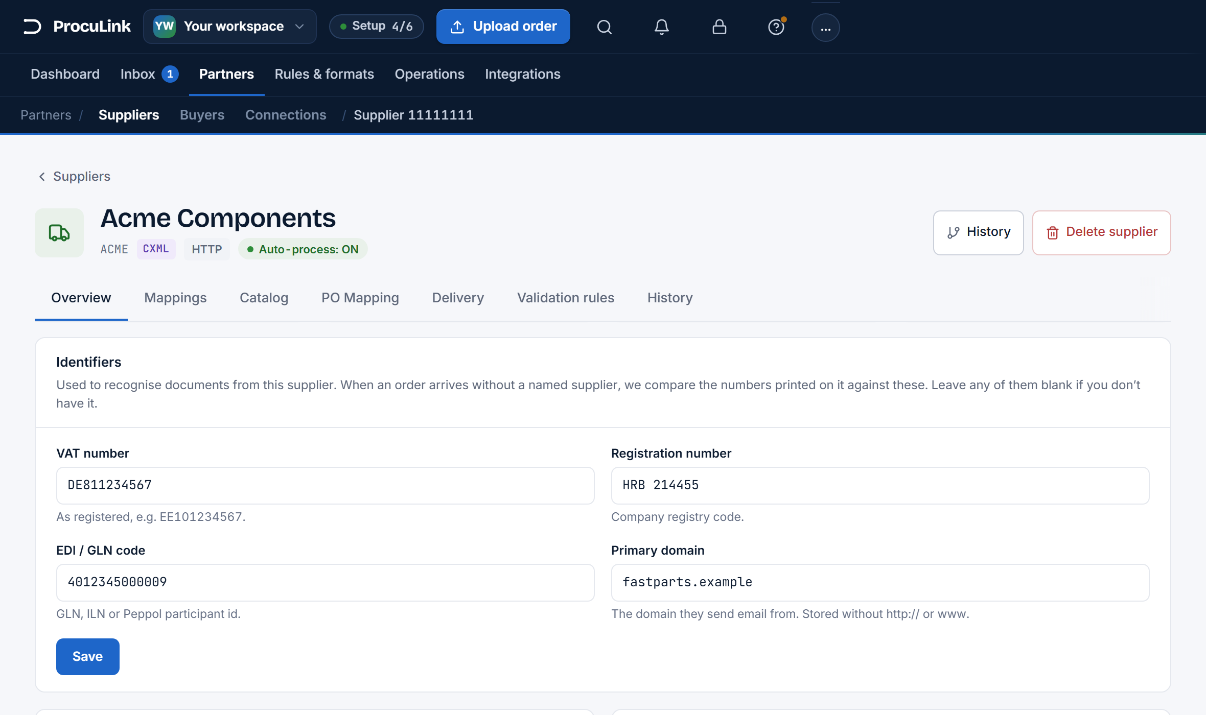 The Identifiers card on a supplier's Overview tab with VAT number, Registration number, EDI / GLN code, and Primary domain fields and a Save button.