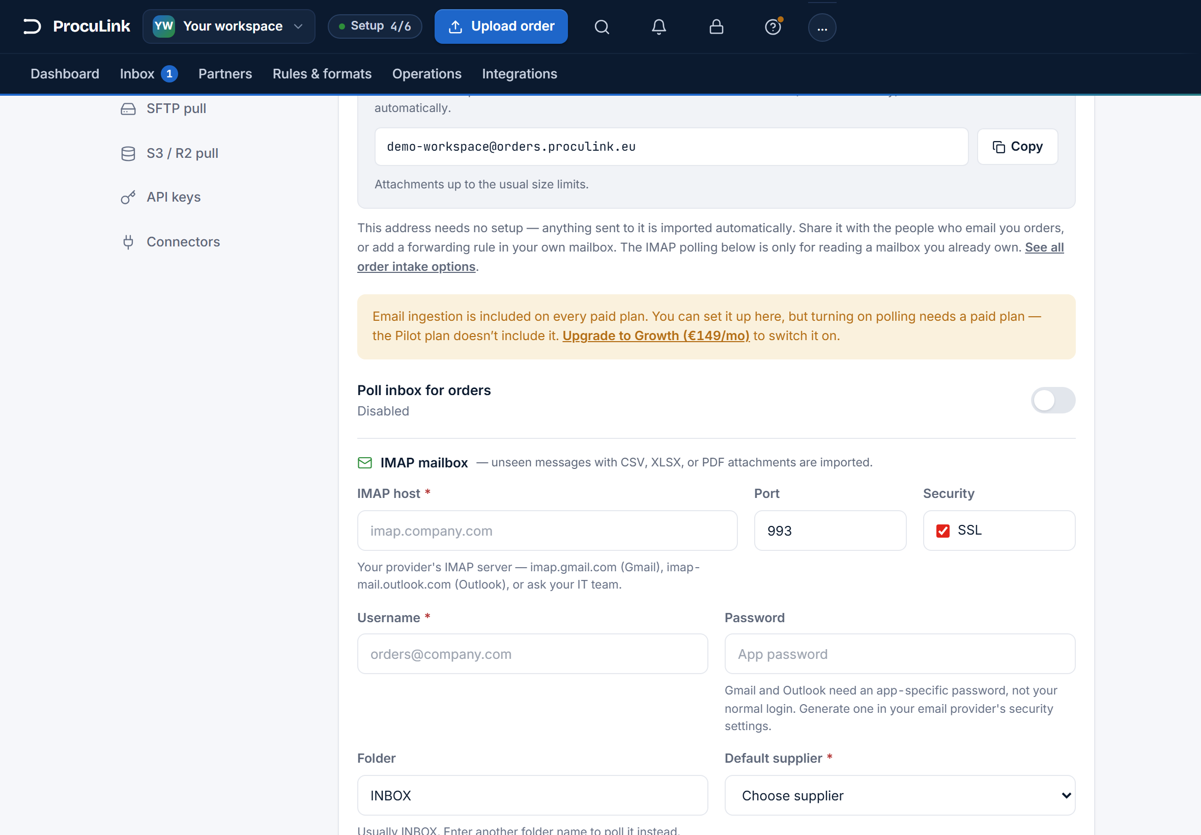 The IMAP mailbox form with host, port, username, password, folder, and default supplier fields, and a Save email button.