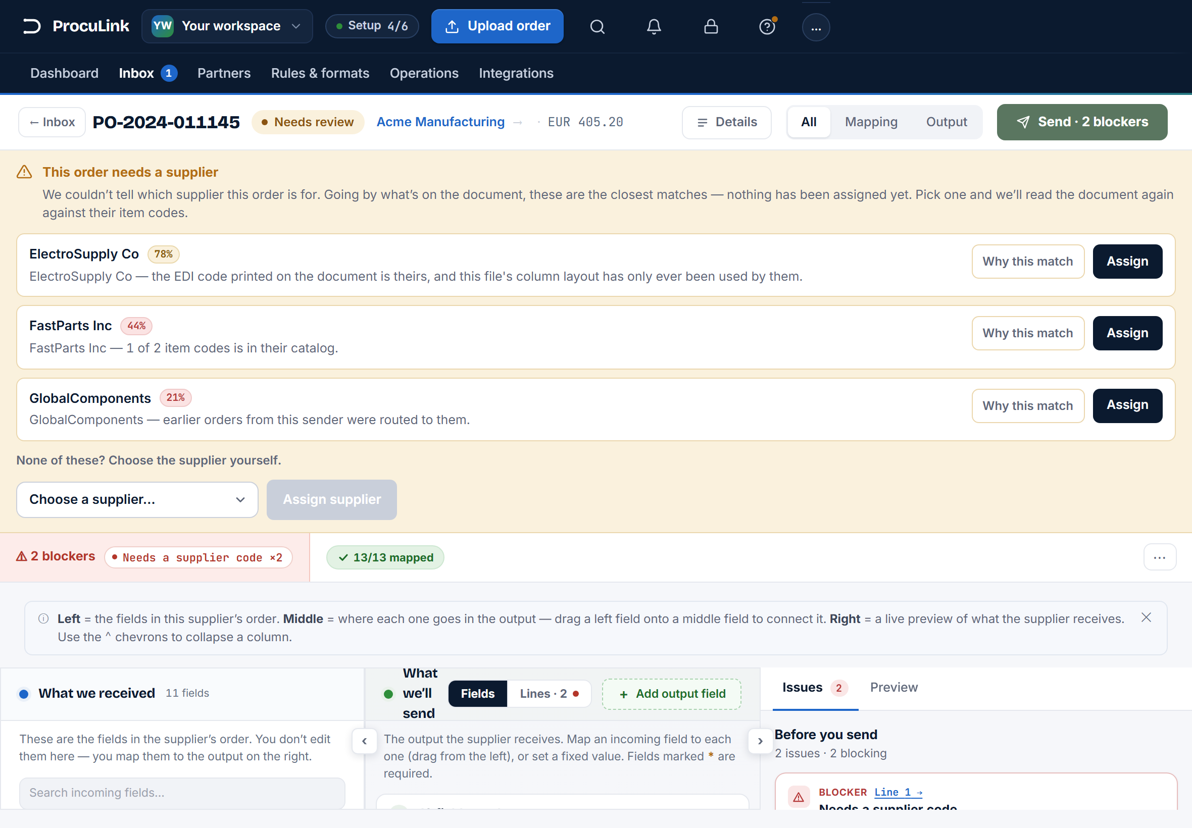 An order in review showing the banner 'This order needs a supplier' with a supplier picker and an Assign supplier button.