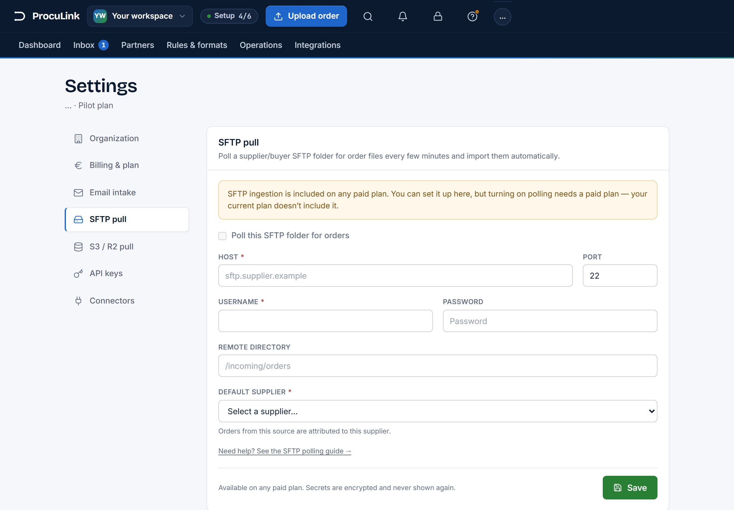 The SFTP pull section in Settings with the 'Poll this SFTP folder for orders' toggle above host, port, username, password, remote directory, and default supplier fields.