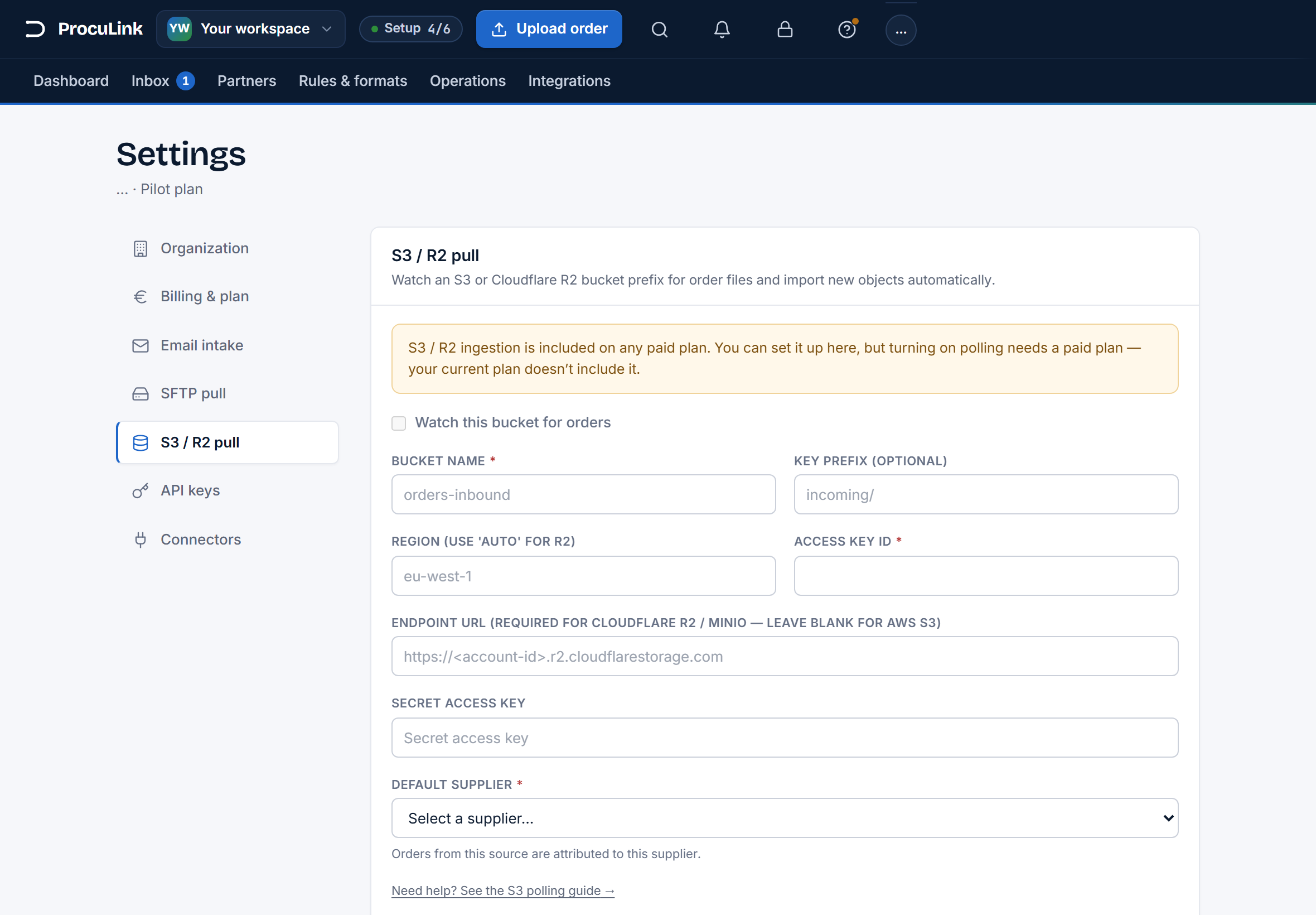 The S3 / R2 pull section in Settings with the 'Watch this bucket for orders' toggle above bucket name, key prefix, region, access key ID, endpoint URL, and secret access key fields.