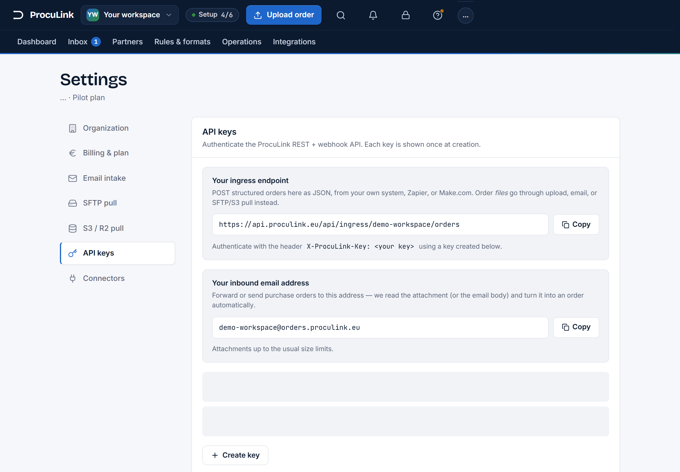 The API section of Settings showing the ingress endpoint URL, the X-ProcuLink-Key header note, and the API keys table with a Create new key form.