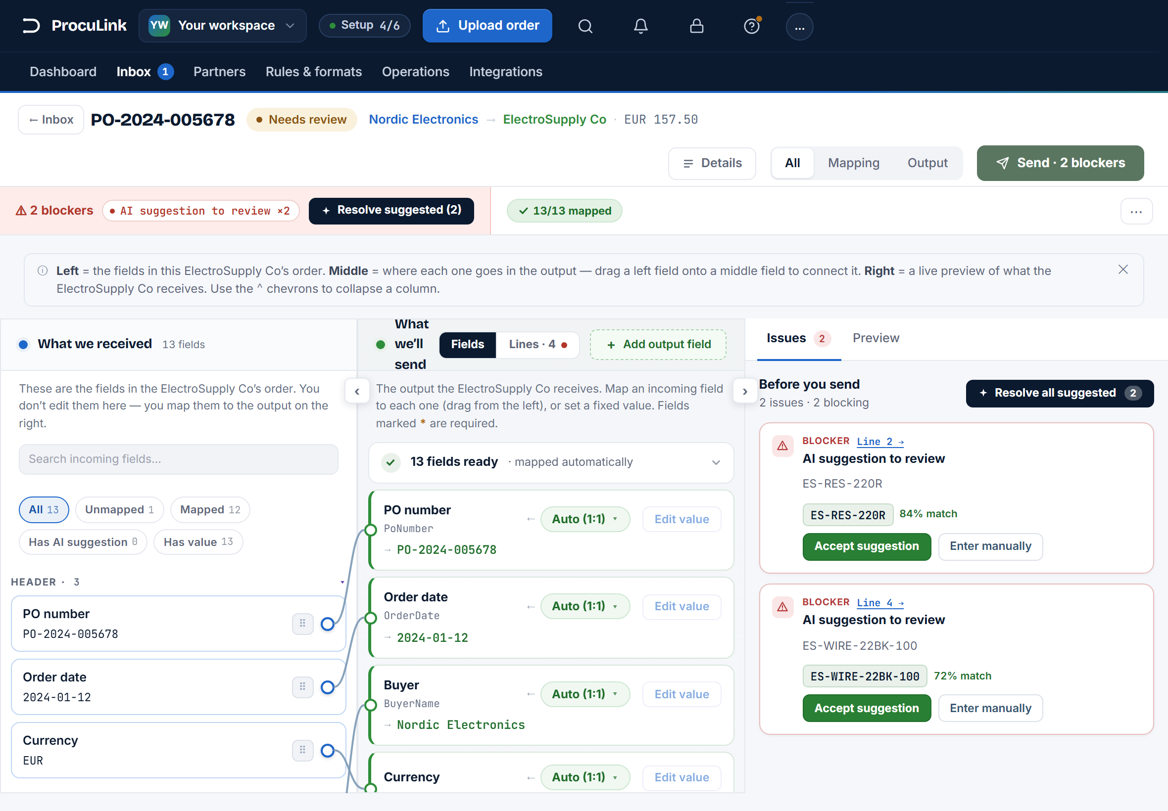 The Before you send panel on an order review screen, listing issues by line with an Accept suggestion button, a confidence percentage, and an Enter manually option.