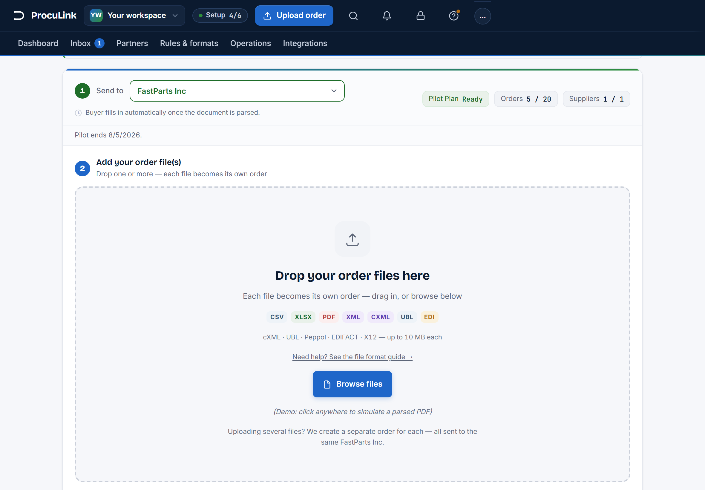 The Upload an order screen with the Send to supplier selector above a drop zone reading 'Drop your order files here'.